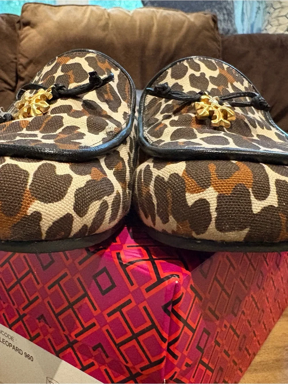 Tory Burch Tory Charm Leopard Canvas Mules Size 6.5